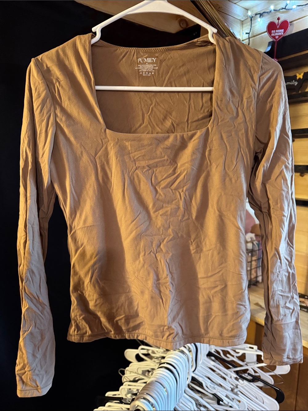 Pumiey Women's Long-Sleeve Square Neck Top in Tan